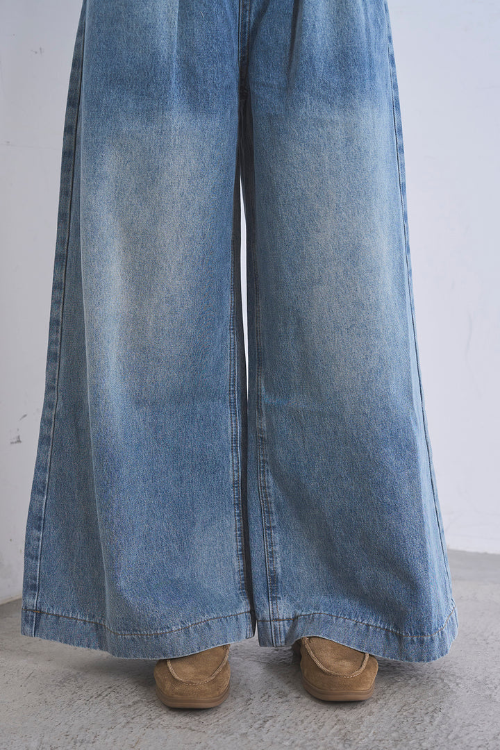 [SET]ケミカルデニムカバーオールジャケット+ベルトループワイドタックデニムパンツ(2set)