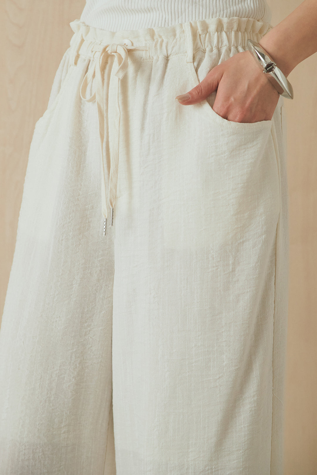 [SET]麻混ノーカラーブルゾン+麻混ウエストドロストパンツ(2set)