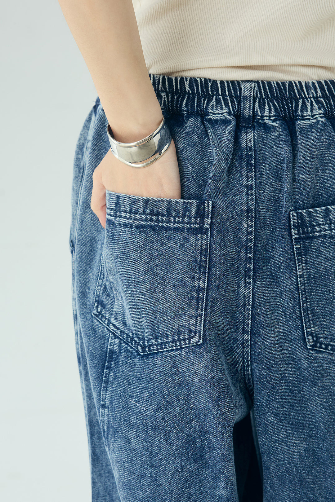 [SET]カラーデニムケミカル加工ノーカラーブルゾン+カラーデニムケミカル加工コクーンパンツ(2set)