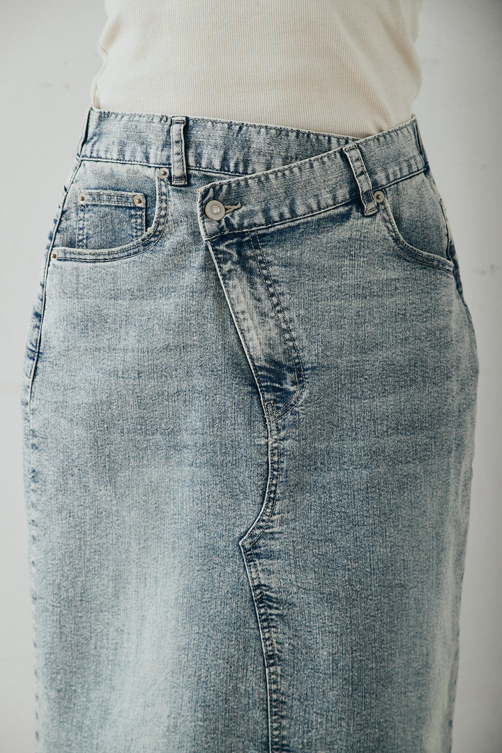 [SET]レースアップワッフルボーダートップス+ウエストクロスデニムタイトスカート(2set)