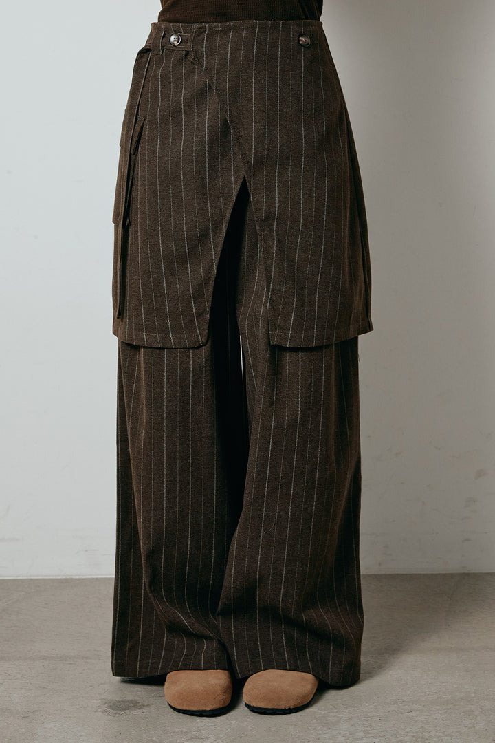 [SET]襟付きレイヤードニットトップス+細ストライプレイヤードデザインパンツ(2set)