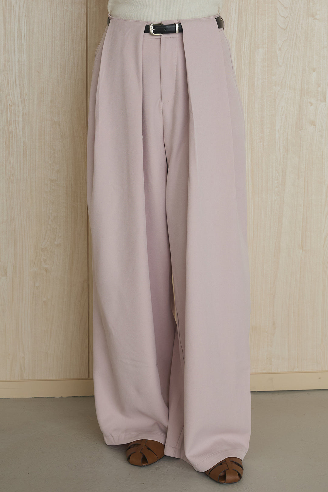 [SET]襟付き配色デニムブルゾン+ビックベルトループタックベルト付きワイドパンツ(2set)