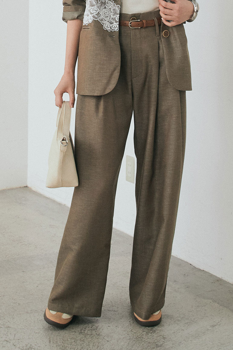 リネンタッチ細ベルト付きワイドパンツ