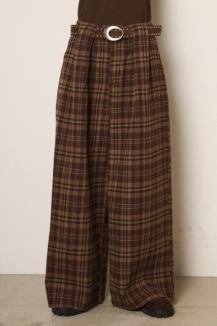 [SET]デニム襟ダブルジップニットトップス+スタッズデザインベルトタータンチェックパンツ(2set)