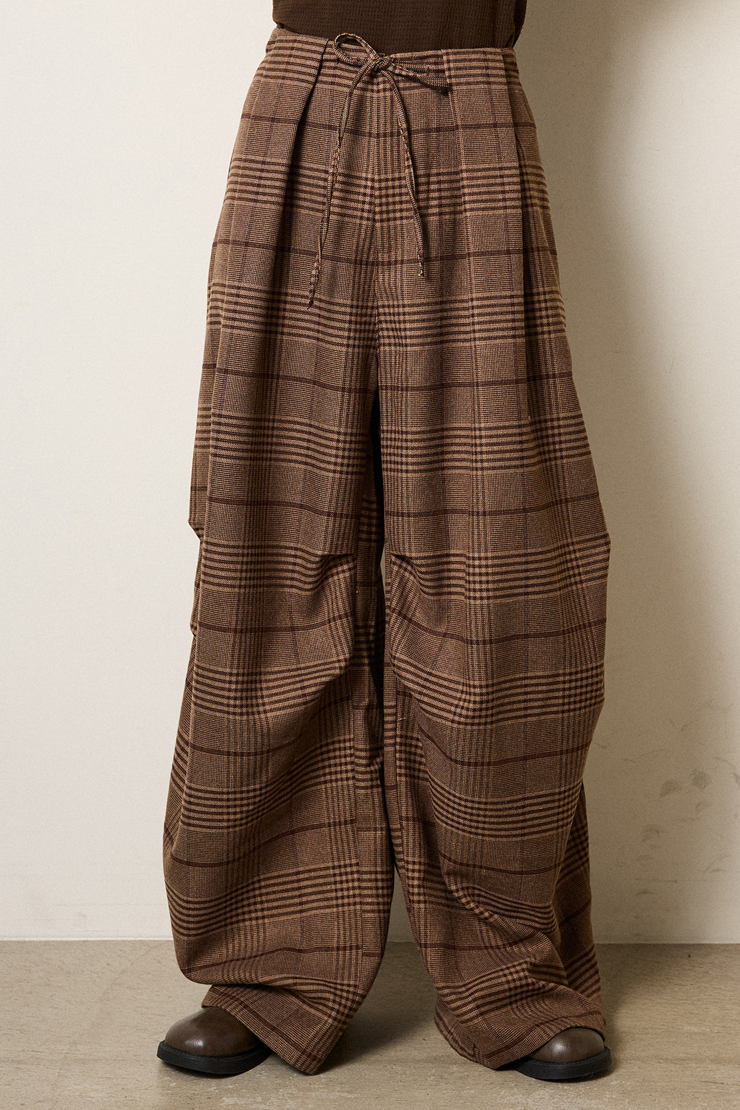 [SET]襟付きシャギーニットカーディガン+グレンチェックルーズタックパンツ(2set)