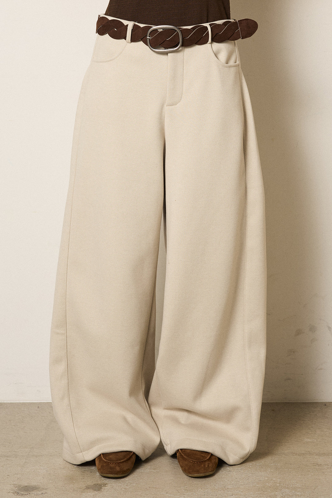 [SET]ボリュームポップコーンニットトップス+編みベルト付きワイドパンツ(2set)