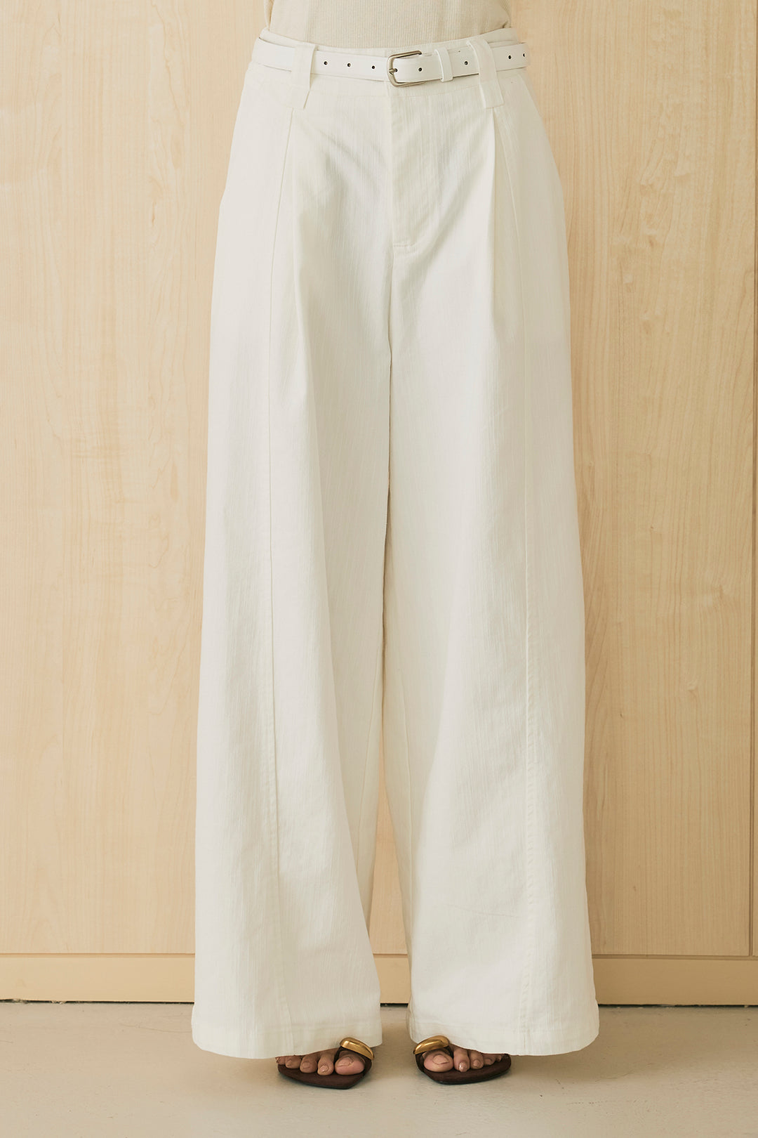 [SET]ランダムストライプポロノースリニット+細ベルト付きセンターシームワイドパンツ(2set)