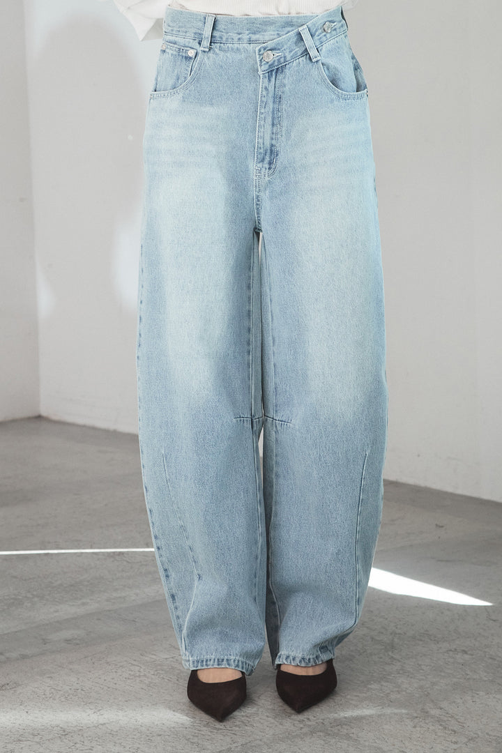 [SET]袖ギャザーデザインブルゾン+デニムアシメカーブパンツ(2set)