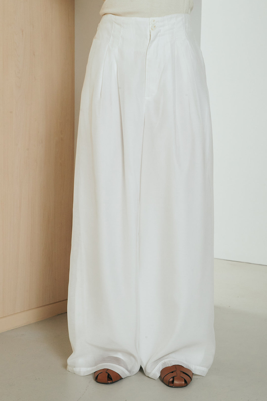 [SET]ハーフスリーブスカラップブラウス+ダブルボタンワイドパンツ(2set)