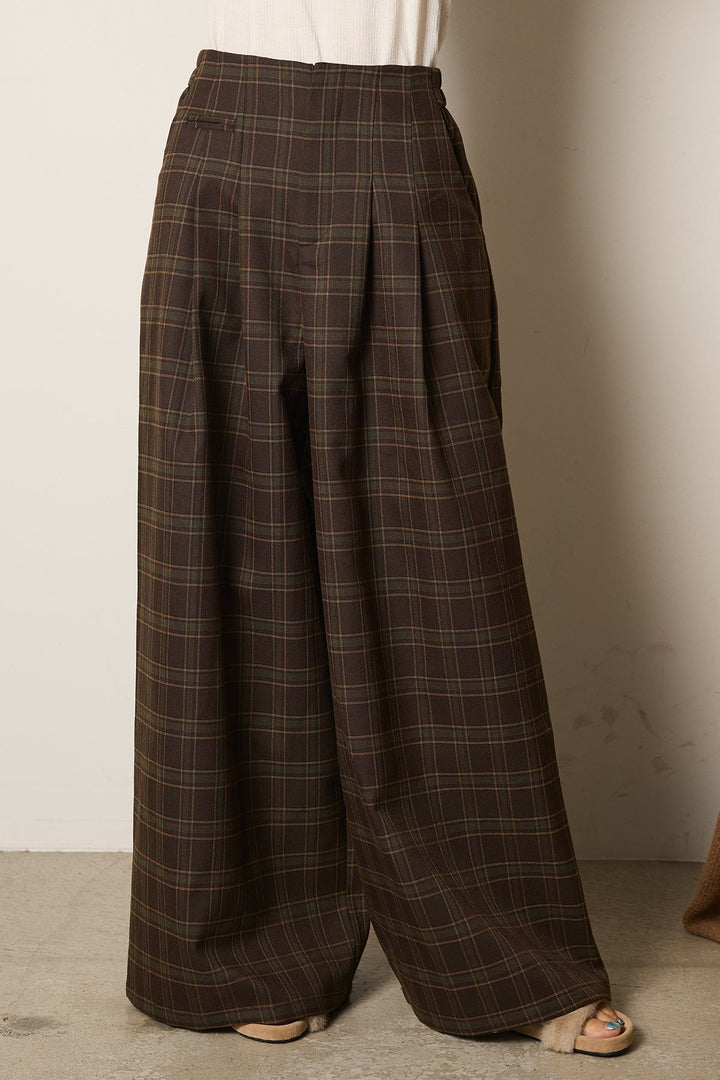 [SET]フロントロゴニットトップス+タータンチェック柄くすみワイドパンツ(2set)