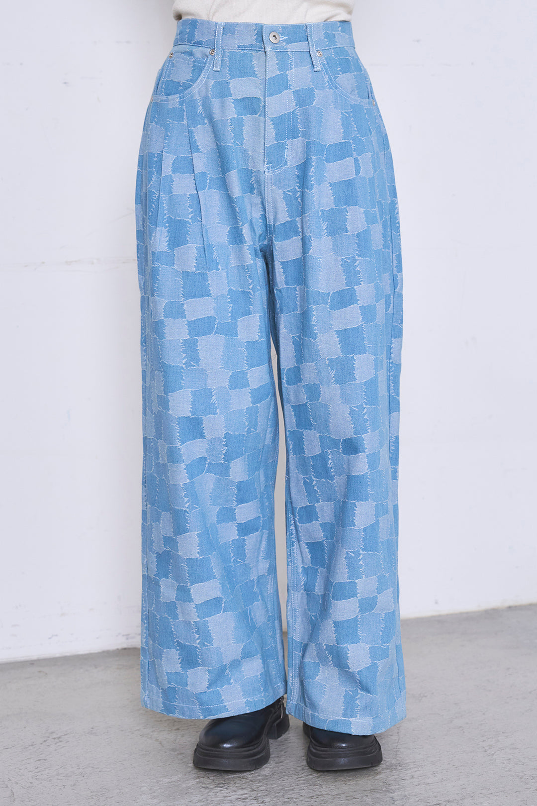 [SET]ロングシアーアウター+パッチワーク風デニムワイドパンツ(2set)