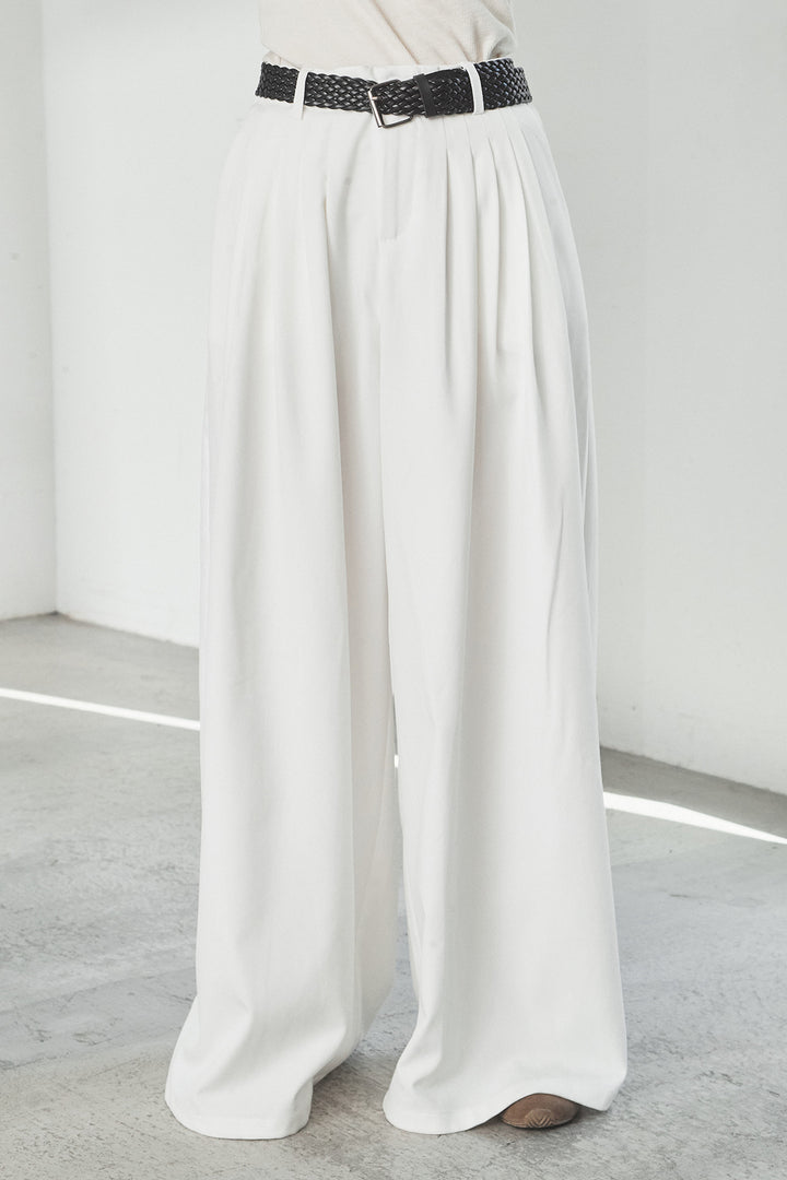 [SET]メッシュフリンジカーディガン+編みベルト付きウエストタックワイドパンツ(2set)