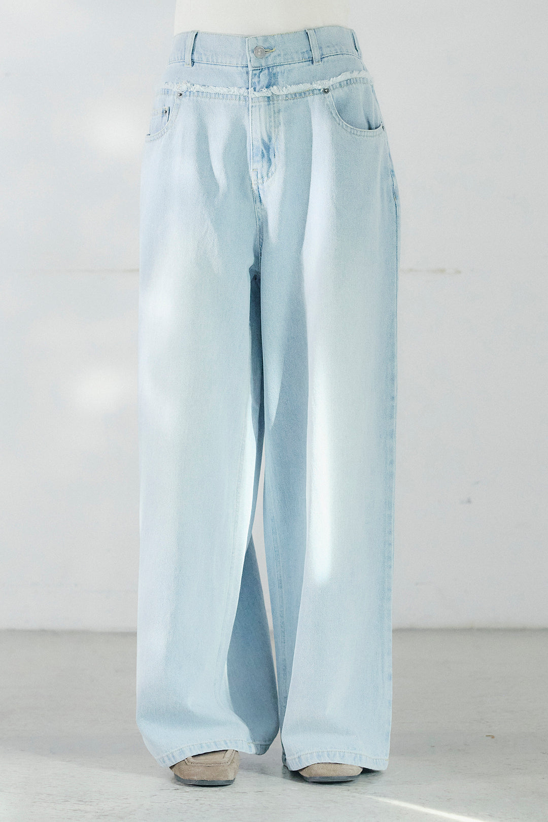 [SET]スキッパーペプラムニット+ウエスト裁ち切りデニムワイドパンツ(2set)