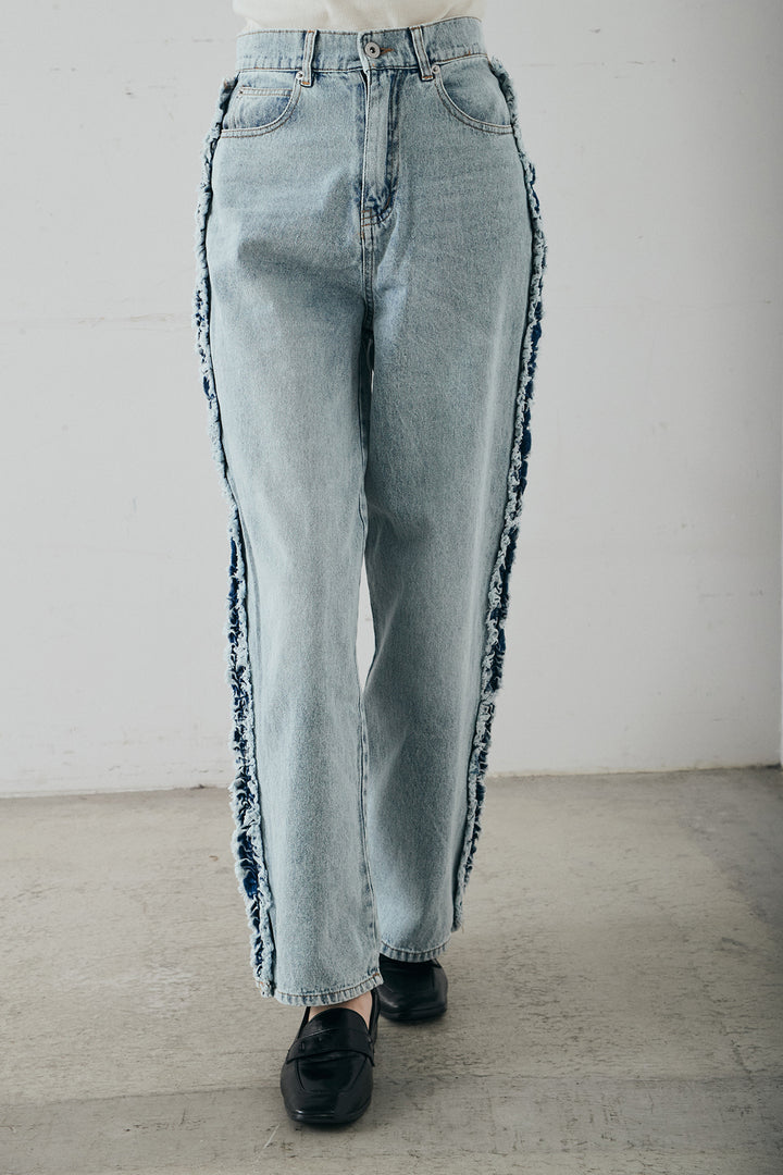 [SET]袖シャーリング裾フリルデニムブルゾン+デニムサイドフリルパンツ+ストレッチレースフーディサムホールプルオーバー(3set)