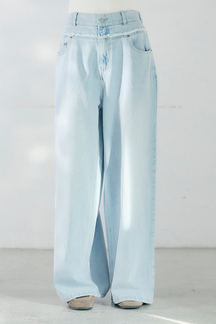 [SET]ネックフリルデザインブラウス+ウエスト裁ち切りデニムワイドパンツ(2set)