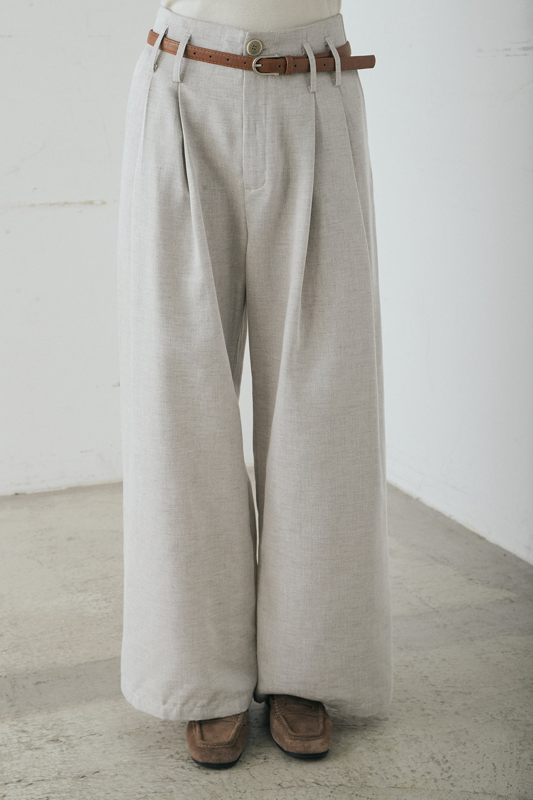 [SET]リネンタッチレースデザインジャケット+リネンタッチ細ベルト付きワイドパンツ(2set)