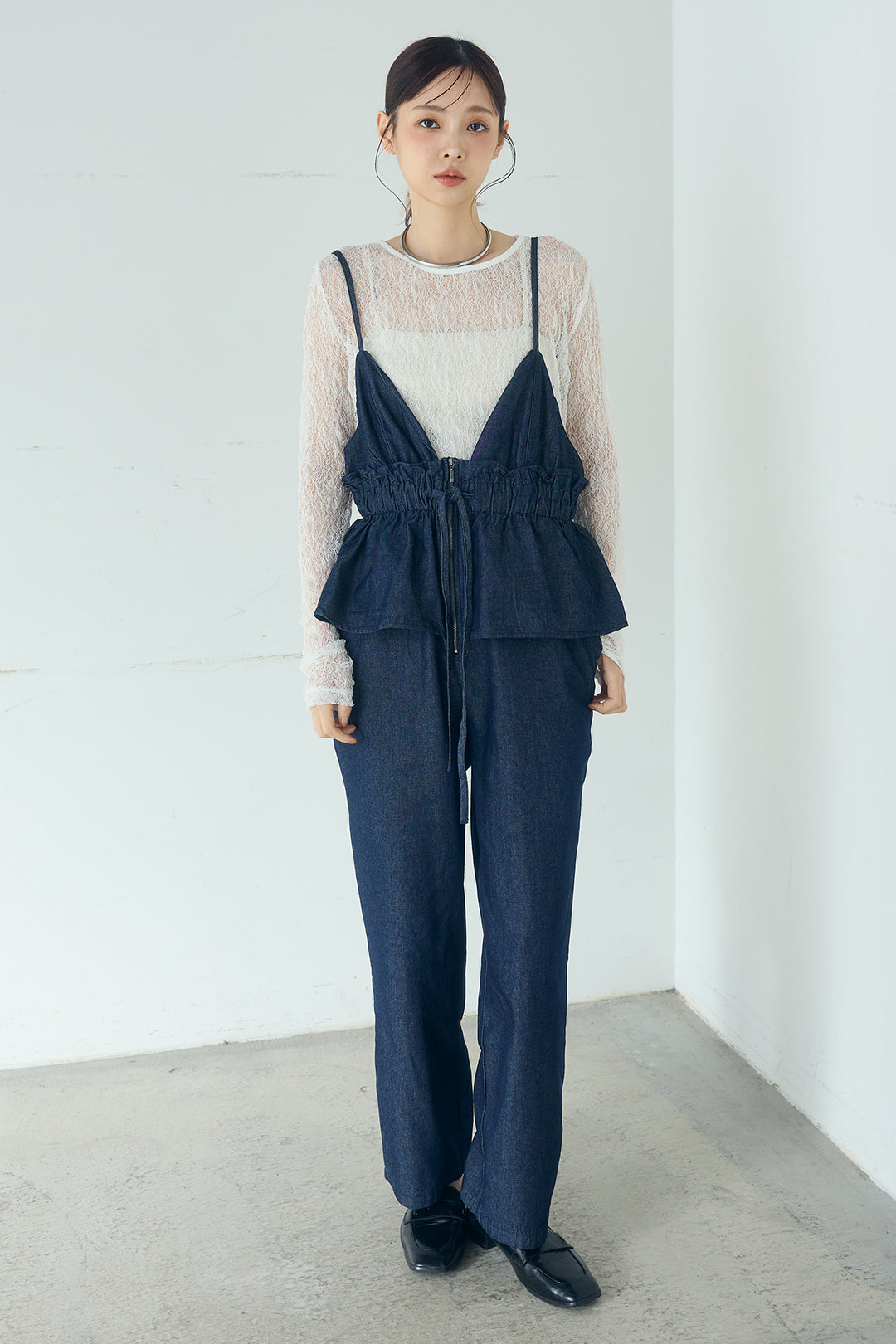 デニムペプラムコンビネゾン
