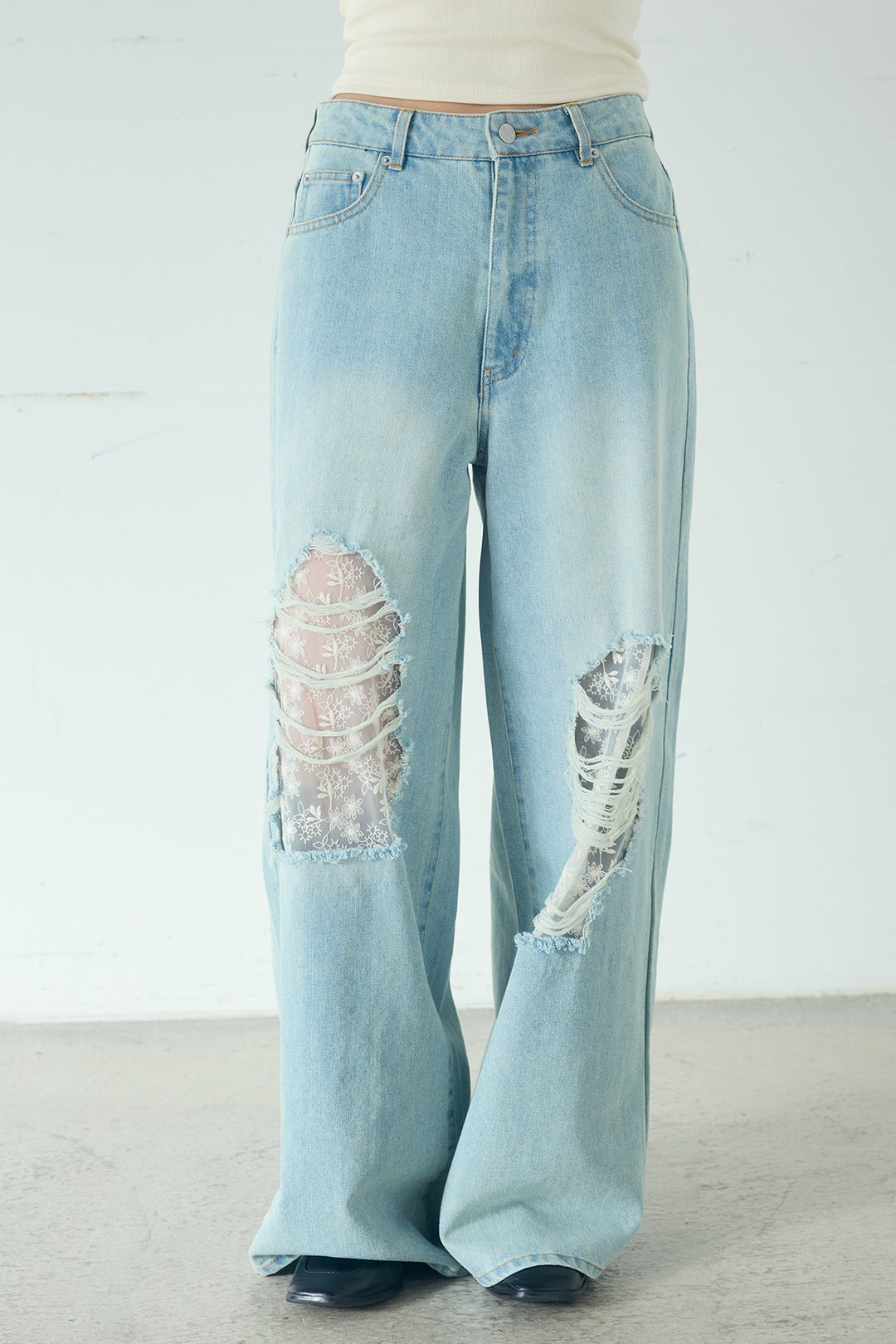 [SET]ローンレースオープンカラーシャツ+デニムレース付きワイドパンツ(2set)