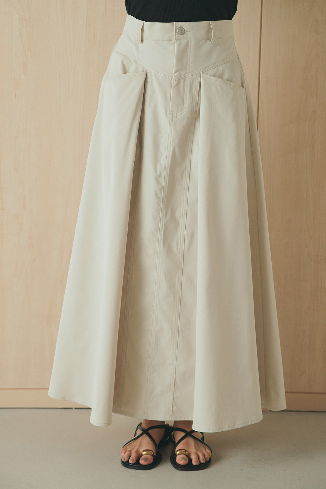 [SET]フロントテープデザイン半袖カーディガン+ミリタリーツイルタックフレアスカート(2set)