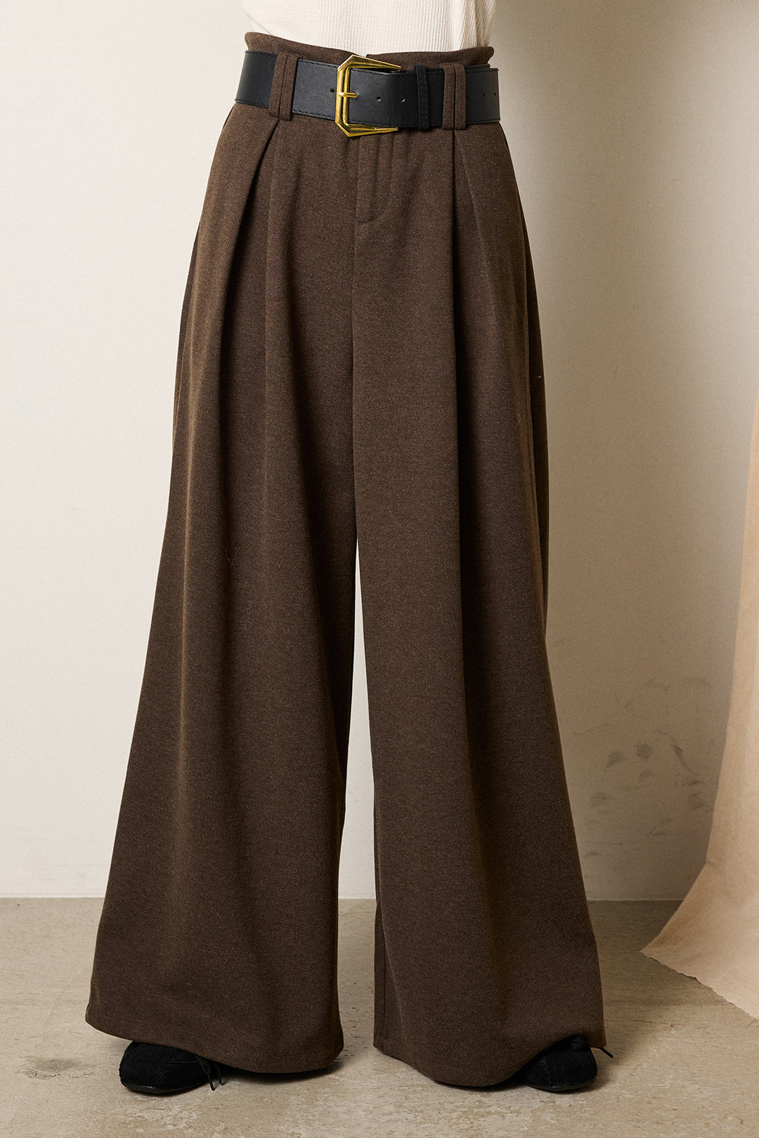 [SET]デニムカラーボーダールーズニット+ゴールドバックル太ベルト付きワイドパンツ(2set)