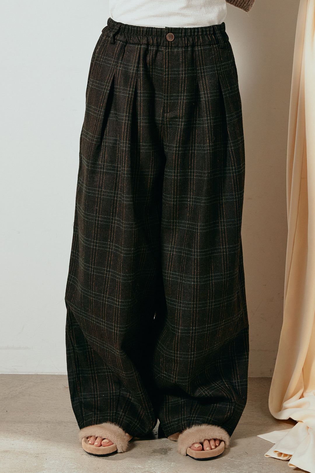 [SET]襟付きシャギーニットポロトップス+タータンチェック柄タックパンツ(2set)