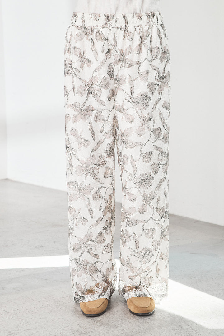 フラワープリントレースパンツ