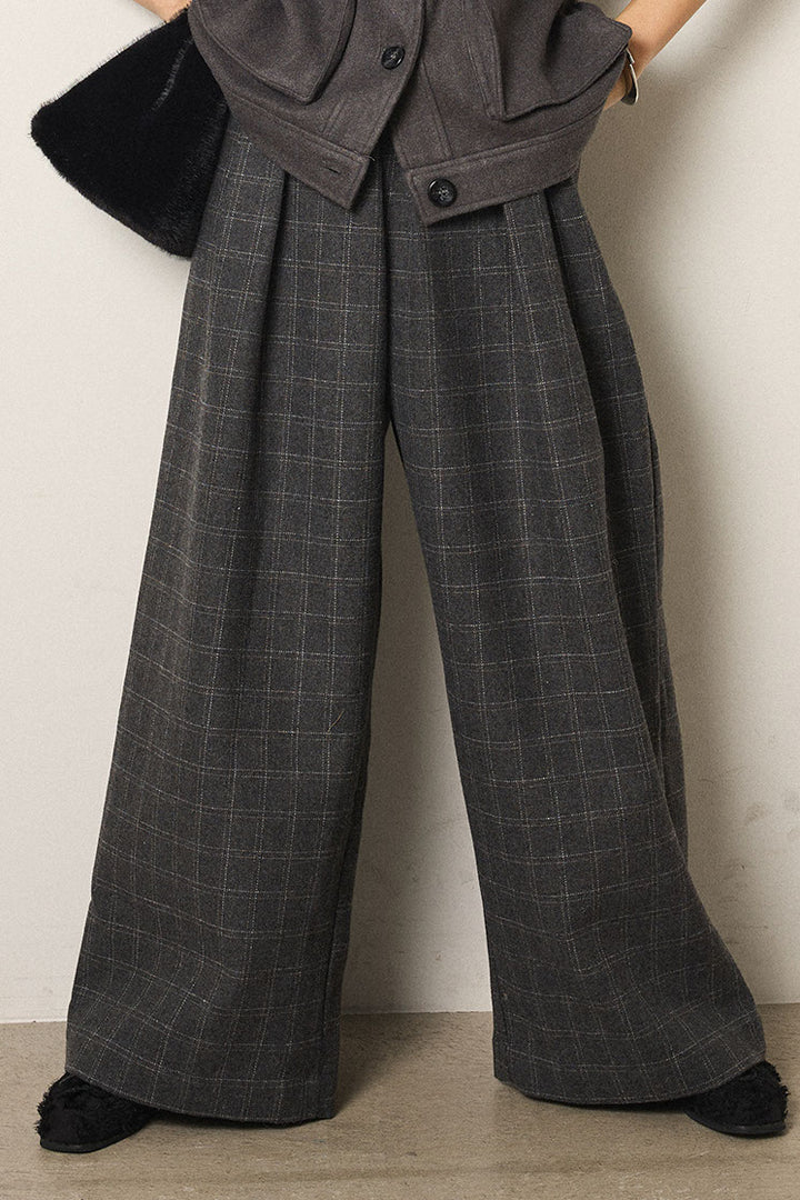 [SET]フリンジニットカーディガン+ウールライクチェックタックパンツ(2set)