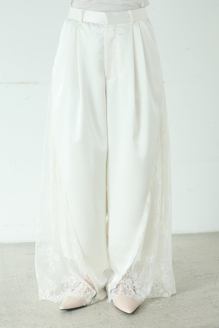 サテンレース切り替えタックパンツ