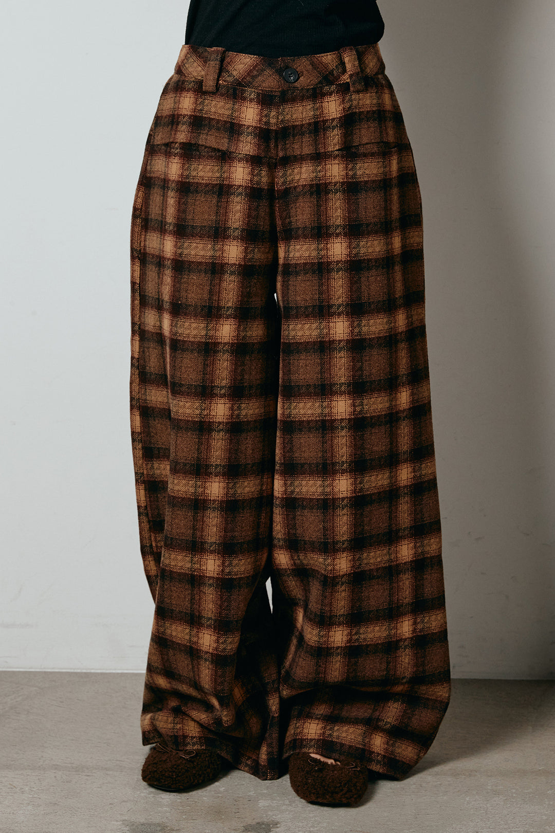 [SET]シャギーカシュクールニットトップス+ルーズタータンチェックワイドパンツ(2set)