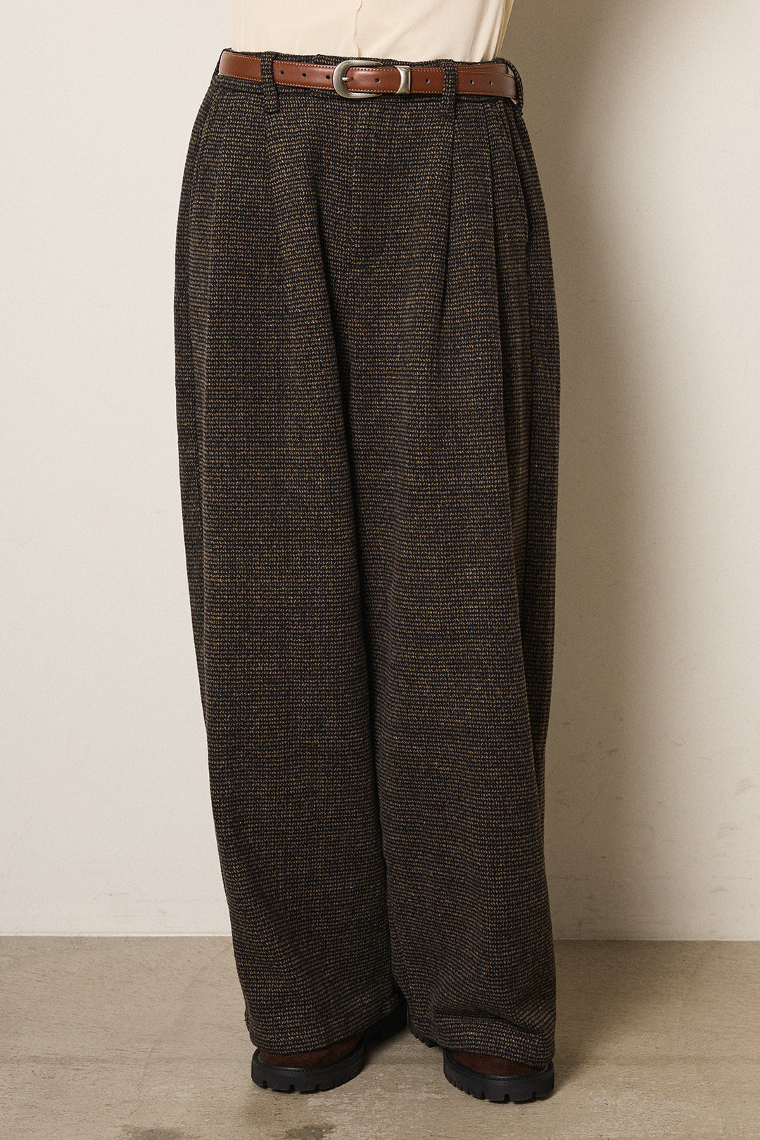 [SET]2WAY求心柄ジャガードショートカーディガン+起毛タック入りツイードワイドパンツ(2set)