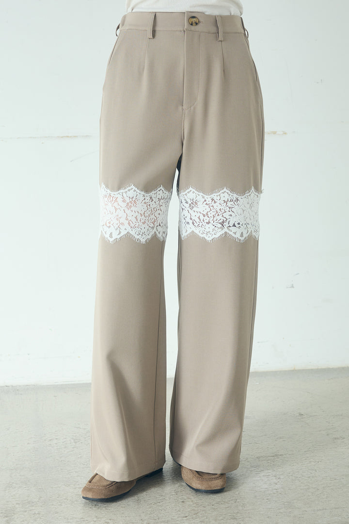 [SET]レーヨンポリダブルフェイスカーディガン+レース刺繍切替ワイドパンツ(2set)