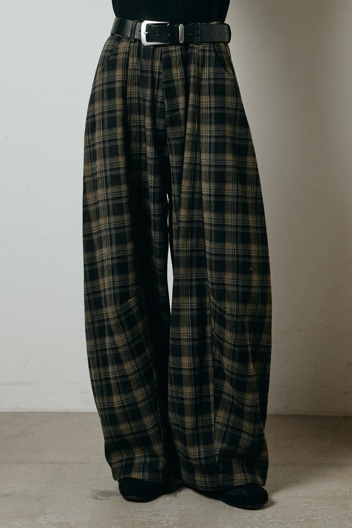 [SET]レイヤード風リブニットトップス+ベルト付きタータンチェックカーブワイドパンツ(2set)