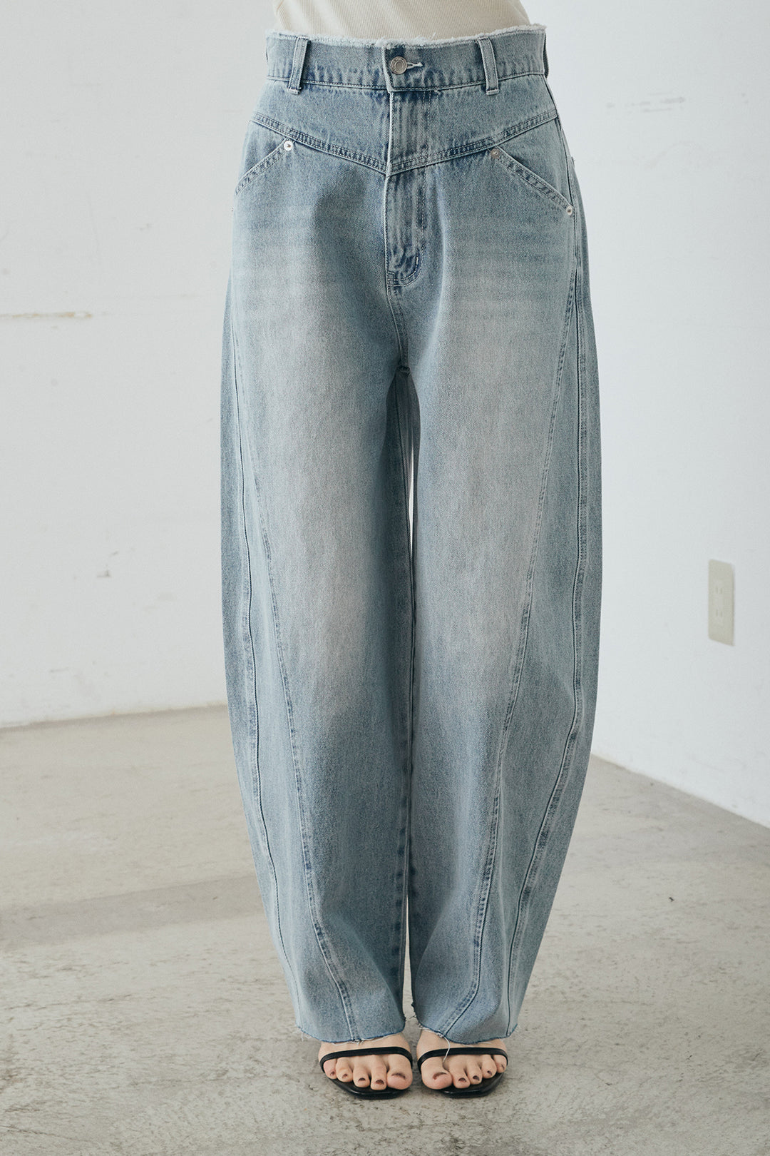 [SET]綿タッチVネックボーダートップス+デニムヨークパンツ(2set)