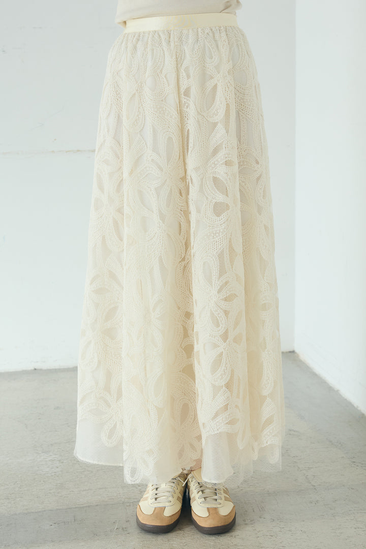 [SET]ベルト付きスタンドネックアウター+ニュアンス柄刺繍スカート(2set)