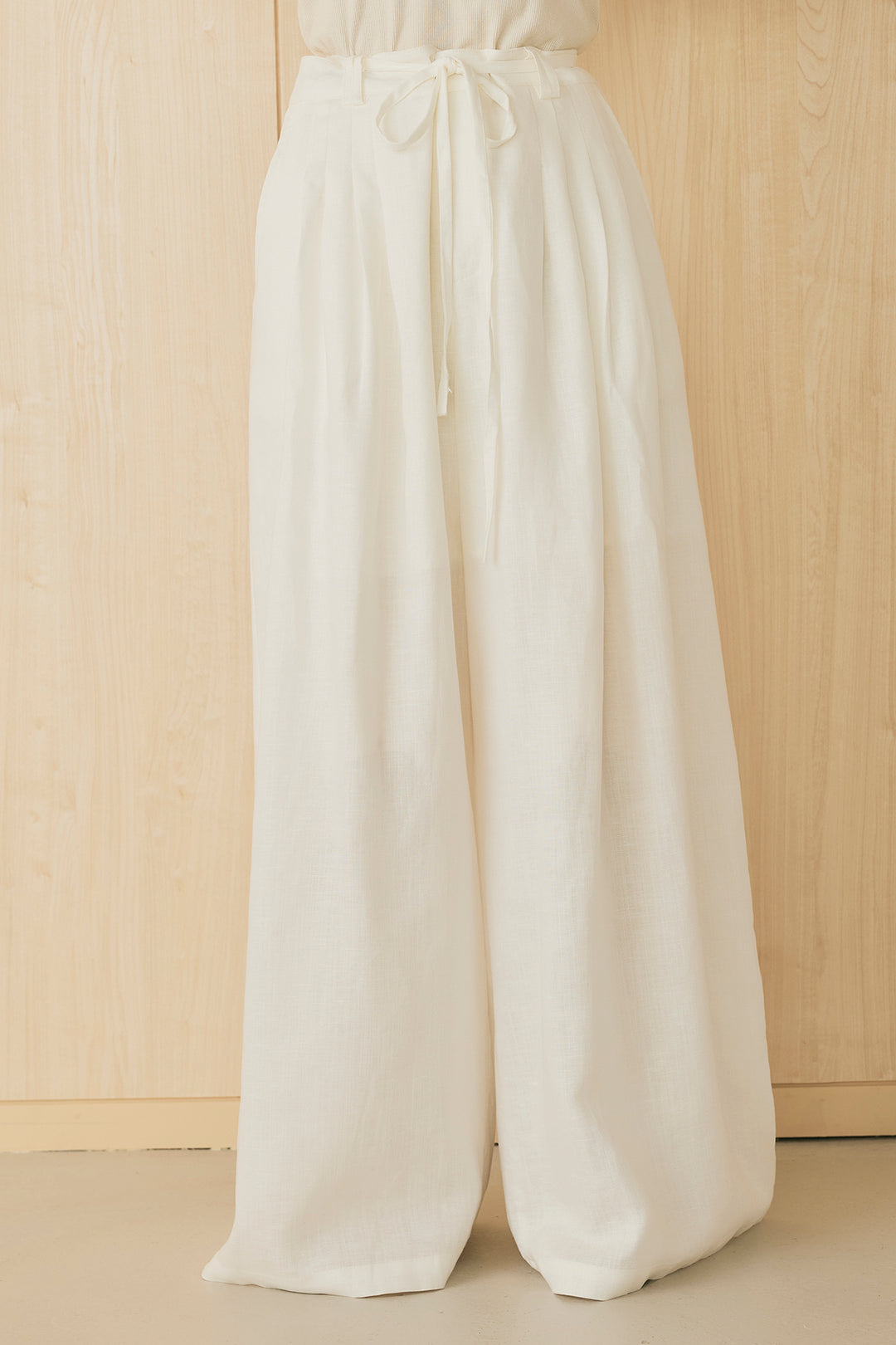 [SET]クラフト透かし編みフレンチニット+紐付き麻混パンツ(2set)