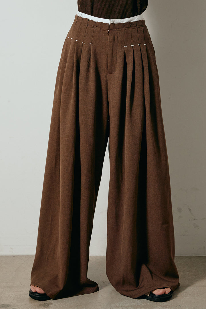 [SET]襟付きマルチボーダーニットポロトップス+ウエストステッチデザインワイドスラックス(2set)