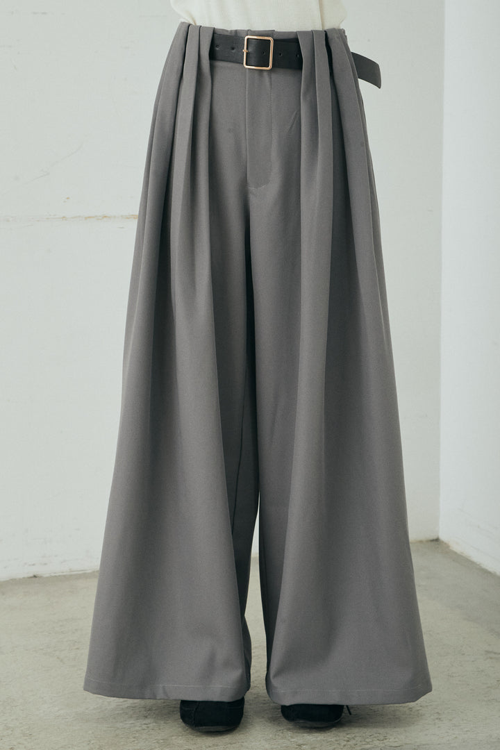 [SET]コットンフリルブラウス+ベルト付きタックデザインハイウエストロングパンツ(2set)