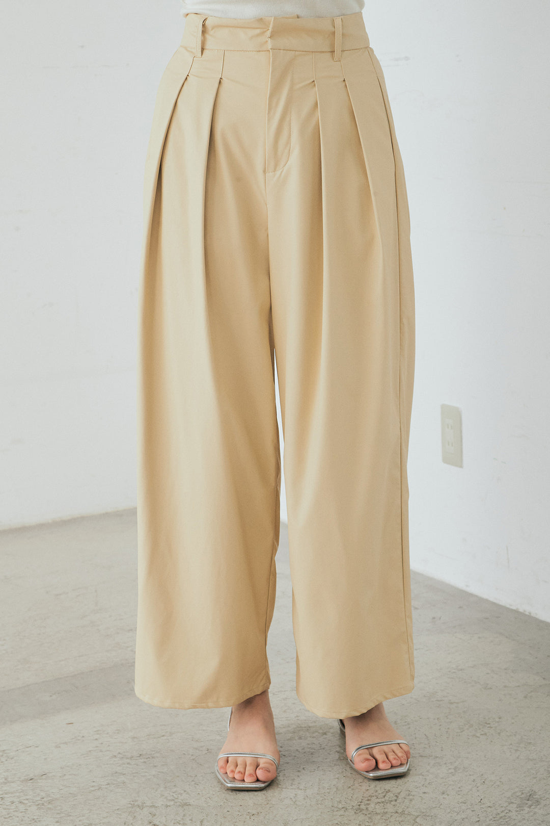 [SET]綿タッチVネックボーダートップス+ウォッシャブルエコレザータックパンツ(2set)