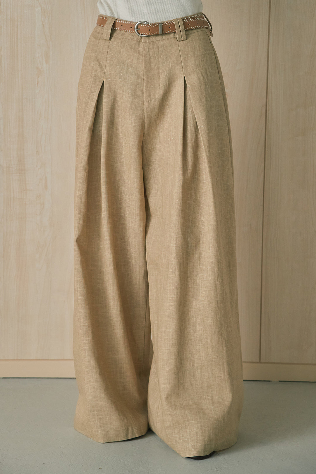 [SET]異素材トリム切替ベスト+杢カラーリネン混ワイドパンツ(2set)