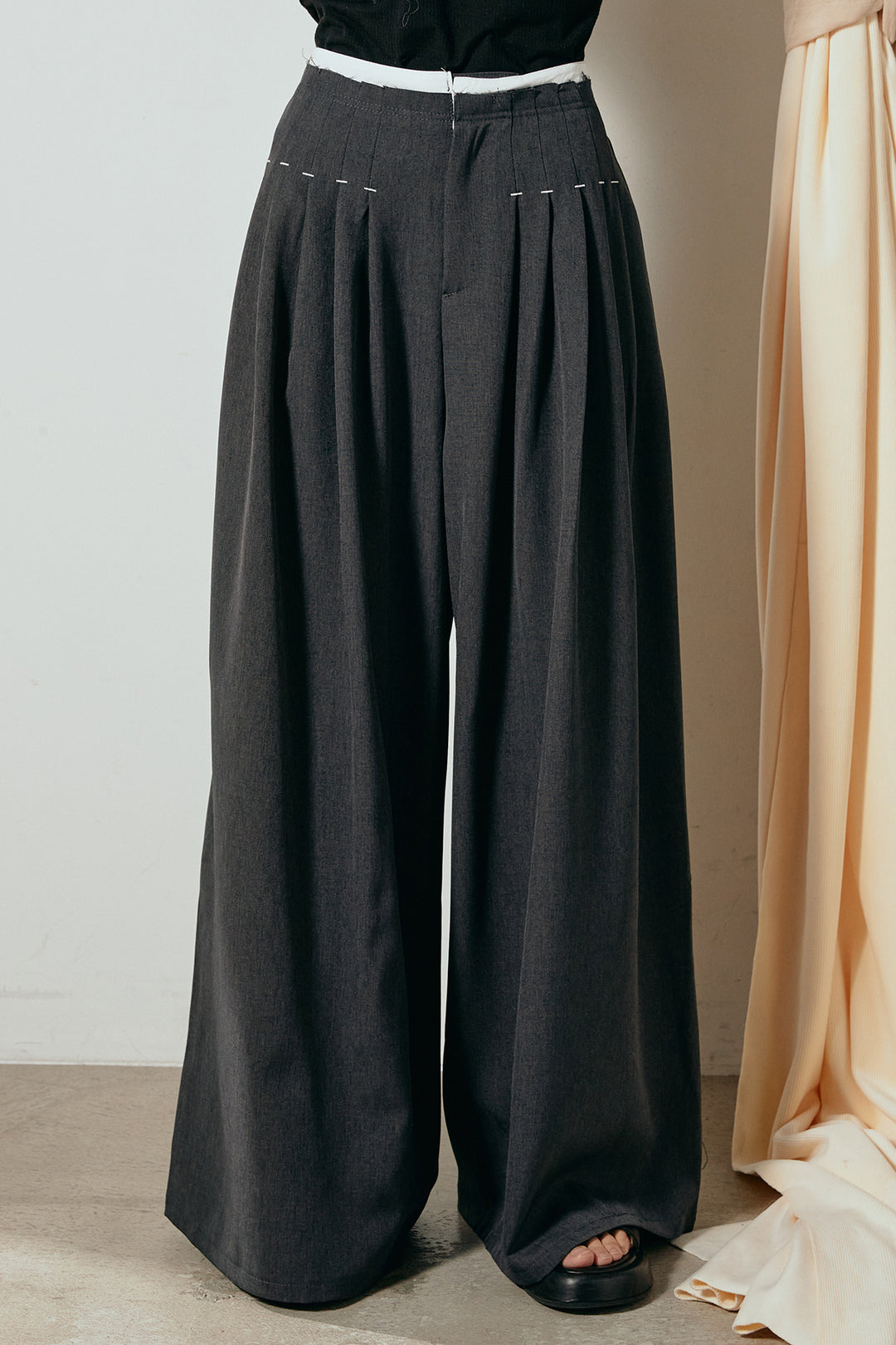 [SET]襟付きマルチボーダーニットポロトップス+ウエストステッチデザインワイドスラックス(2set)