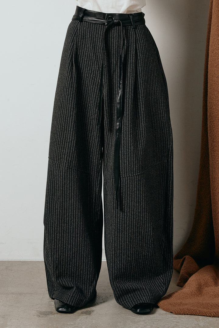 [SET]タイダイ柄シャギーニットトップス+レザーライク配色ストライプパンツ(2set)