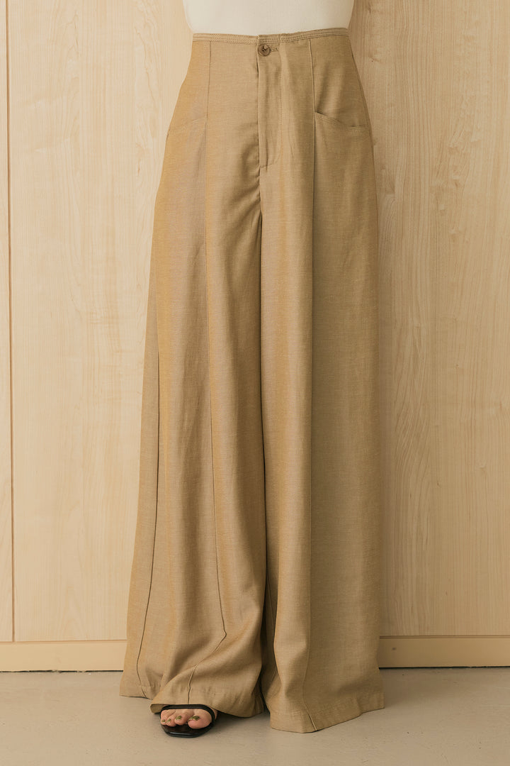 [SET]テンセルラミーハシゴレースシャツ+麻混サイドデザインハイウエストパンツ(2set)