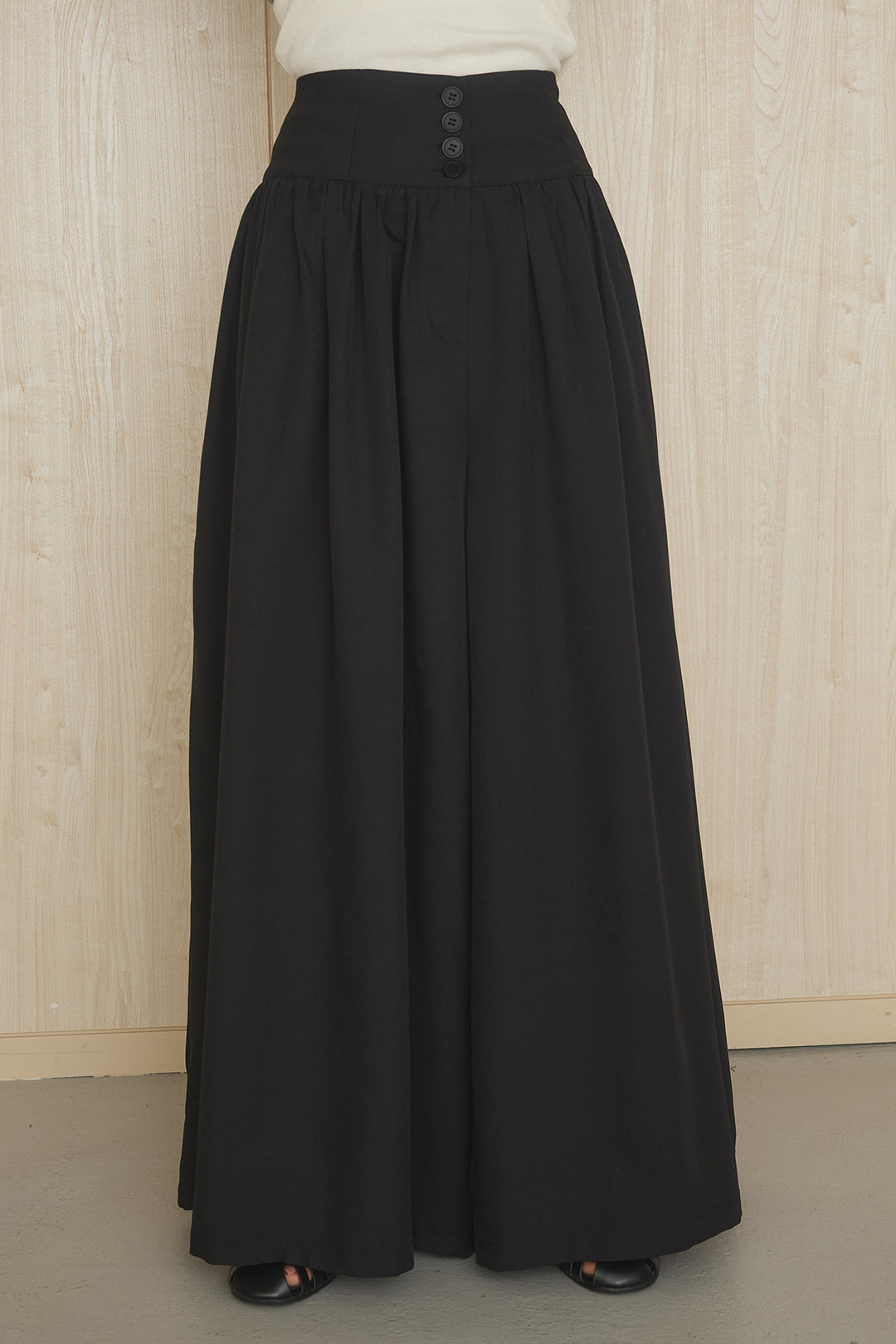 [SET]エアリーシアーフロントリーフ柄シャツ+ハイウエストギャザーワイドパンツ(2set)