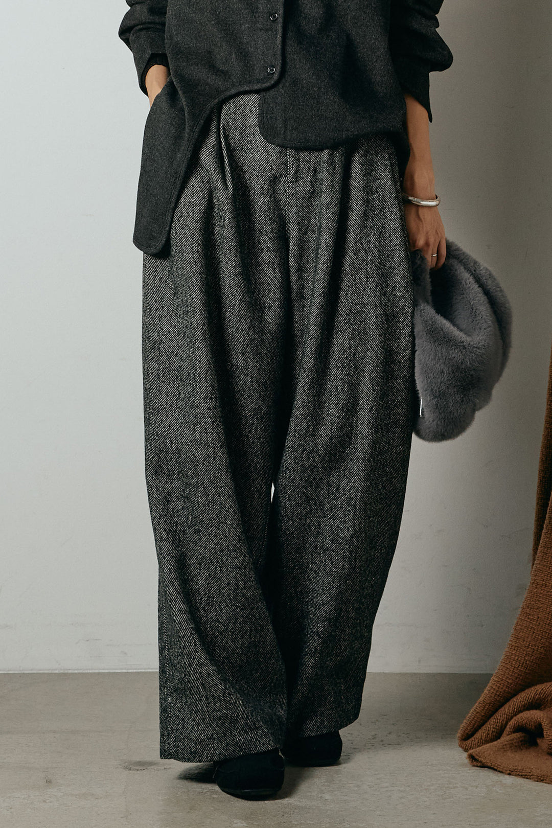 [SET]透かし編みニットジップスリットプルオーバー+タックツイードワイドパンツ(2set)
