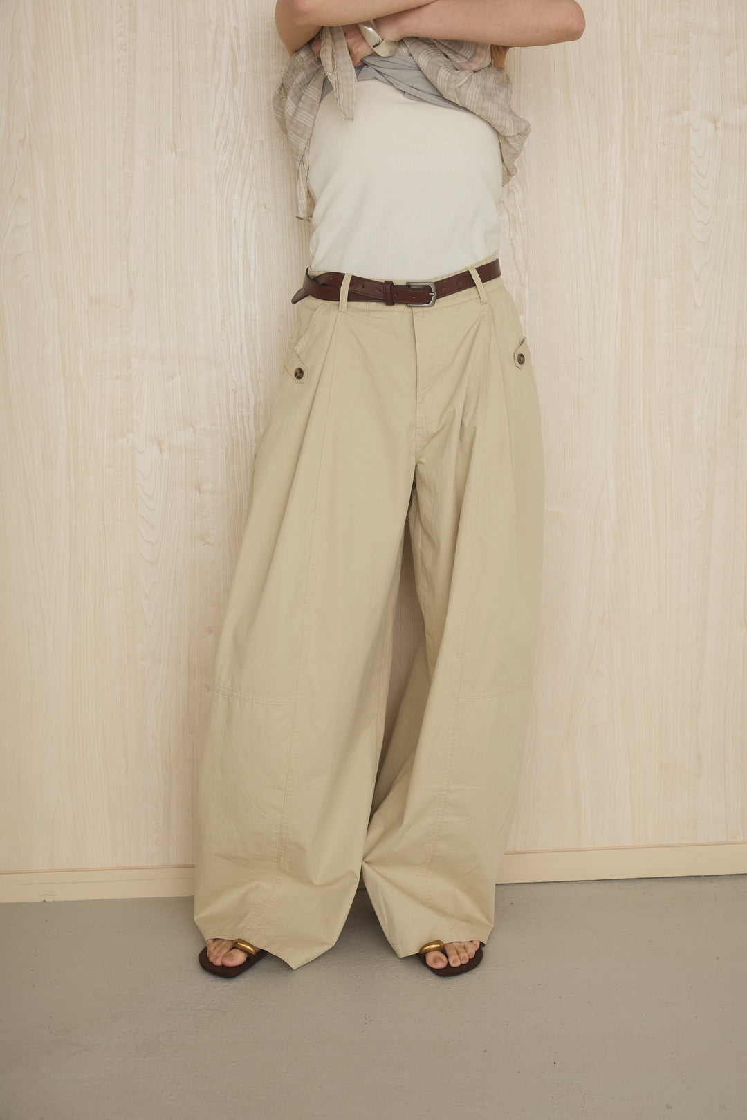 [SET]ノースリーブシャギートップス+ウエストベルト付きカーブパンツ(2set)