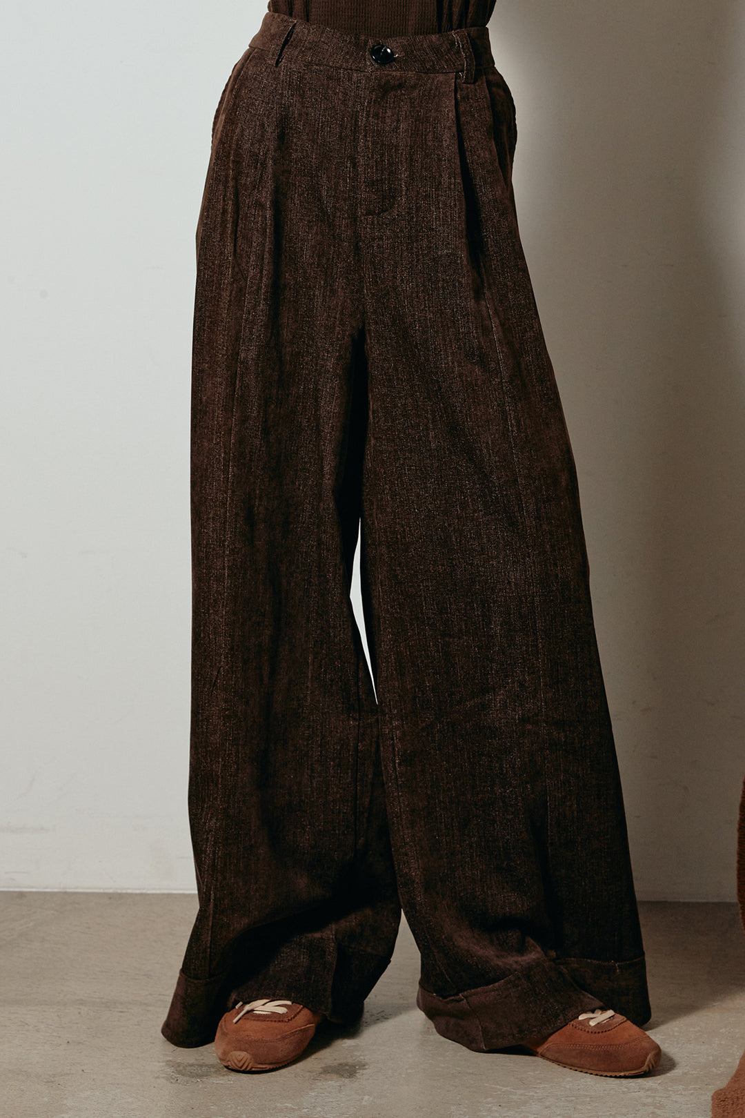 [SET]チェックシャギーミドルカバーオール+フェイクレザーベルト付きスウェードライクワイドパンツ(2set)