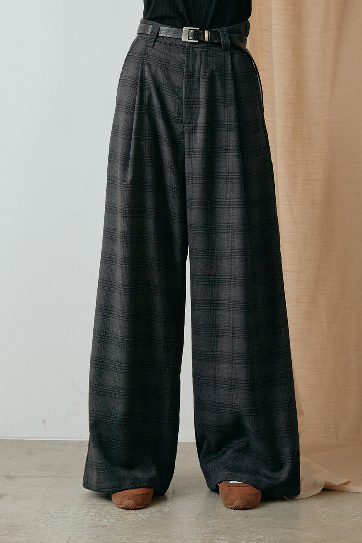 [SET]ハイネック配色ジャケット+フェイクレザーベルト付きタータンチェックパンツ(2set)