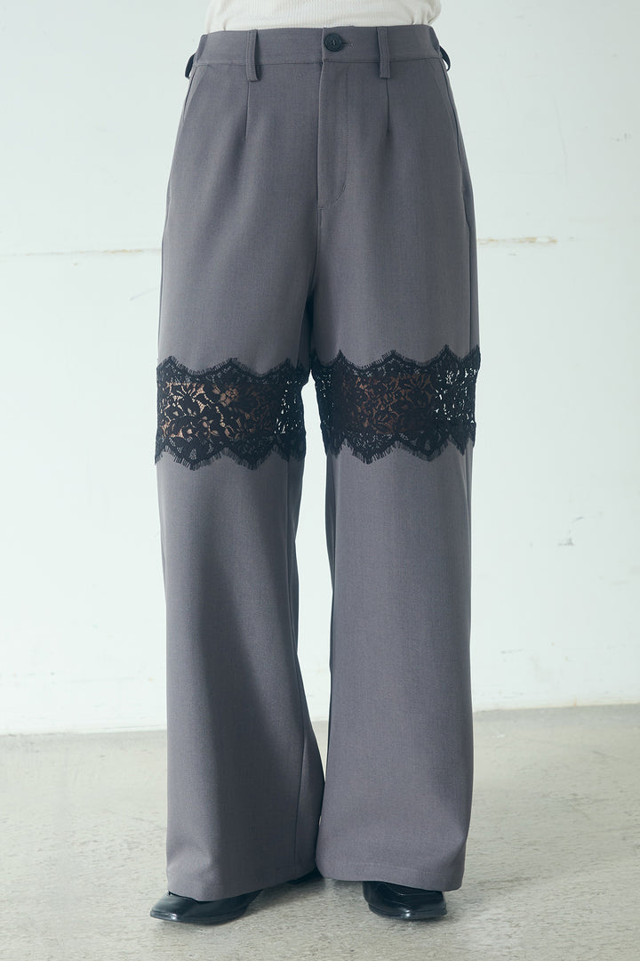 レース刺繍切替ワイドパンツ