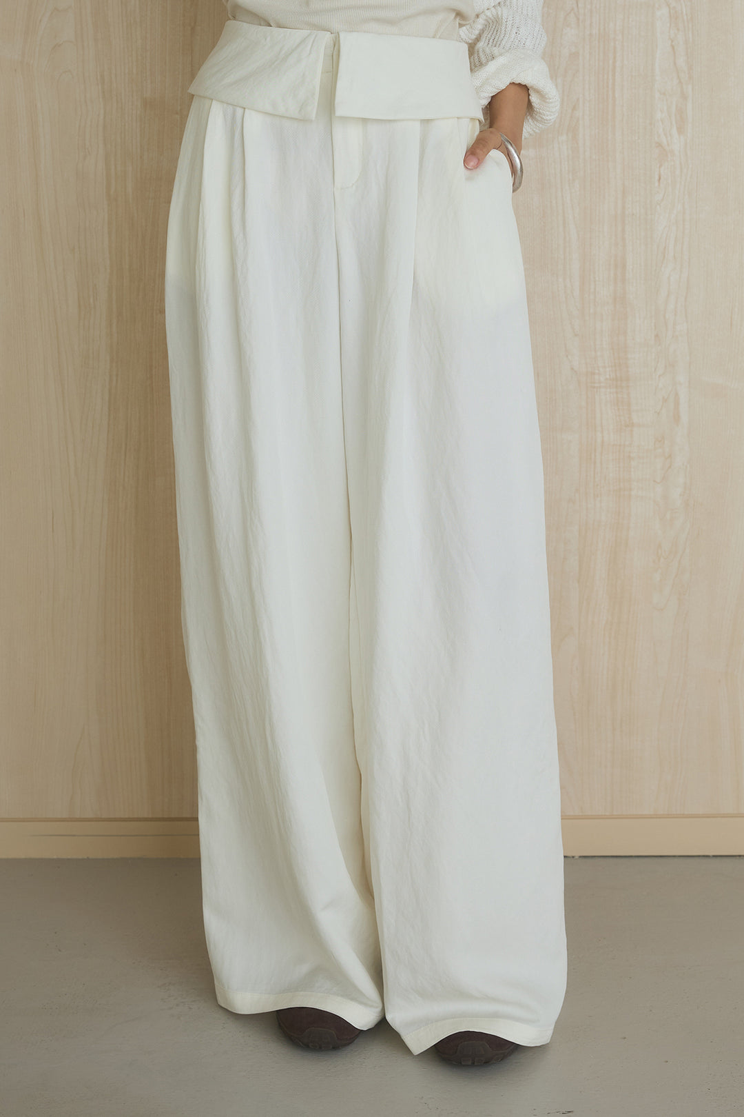 [SET]ネック編みデザインニットトップス+ウエスト折り返しワイドパンツ(2set)