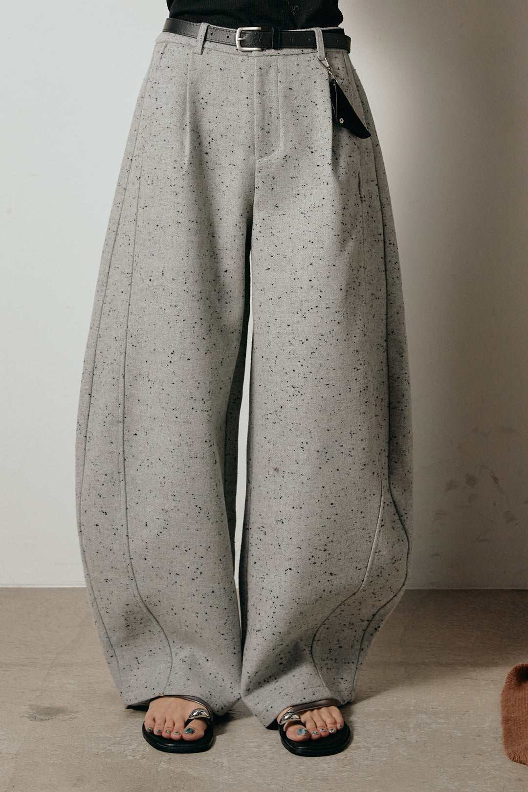 [SET]ハイネックジップデザインニットトップス+ベルト付きネップツイードカーブパンツ(2set)